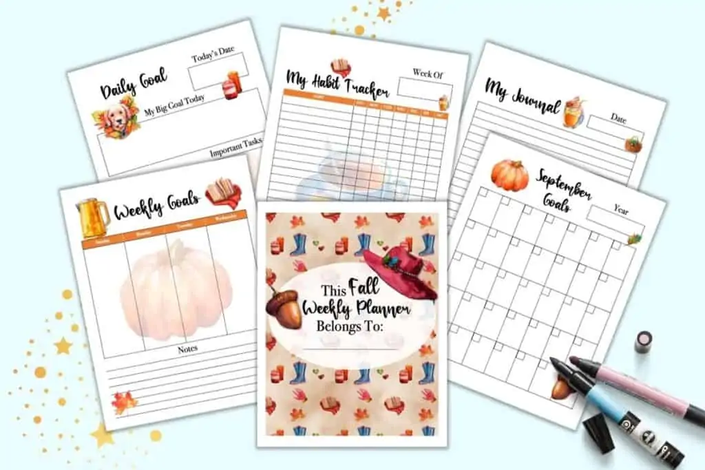 A preview of six free printable fall planner pages. Pages include a cover page, weekly goals, daily goals, habit tracker, journal page, and September calendar.