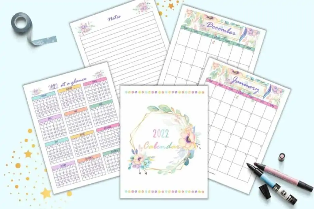 a preview of 5 floral themed 2022 calendar pages including a cover page, year at a glance, January, December, and notes page with lines.