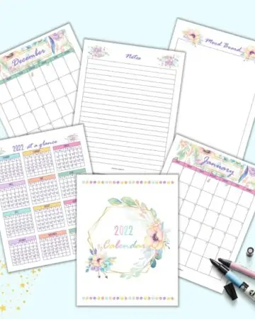 a preview of 6 floral themed 2022 calendar pages including a cover page, year at a glance, January, December, a mood board, and notes page with lines.