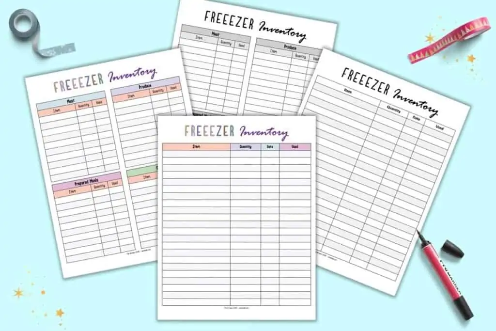 A preview of four printable freezer inventory pages. There is a full page chart without categories and a page with four smaller charts organized by categories meat, produce, prepared meals, and other. Both versions are shown in color and black and white.