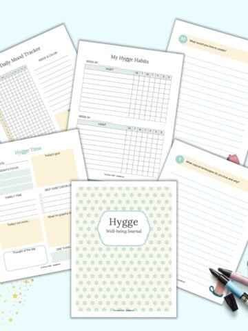 A preview of six printable hygge journal and planner pages including a cover page, daily planner, habit tracker, mood tracker, and two lined journal pages.