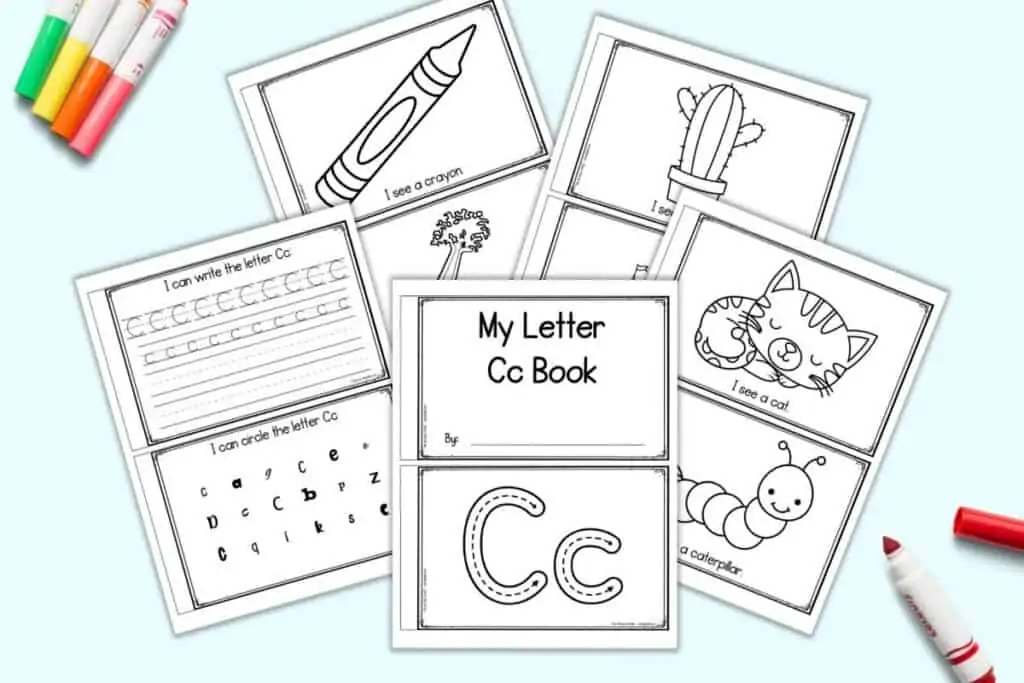 Five pages of printable letter C book for preschoolers and kindergarteners. Each sheet has two pages to cut apart and staple. Pages include: My letter Cc book, correct letter formation graphics, I see a cat, I see a caterpillar, I see a cactus, I see a castle, I see a crayon, I see celery, upper and lowercase tracing lines, and letter indication. 