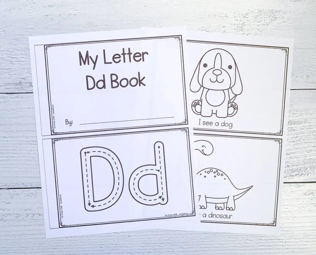 Two pages from a printable preschool book called "My letter Dd book." The pages show correct letter formation tracing graphics, a dog, and a dinosaur.