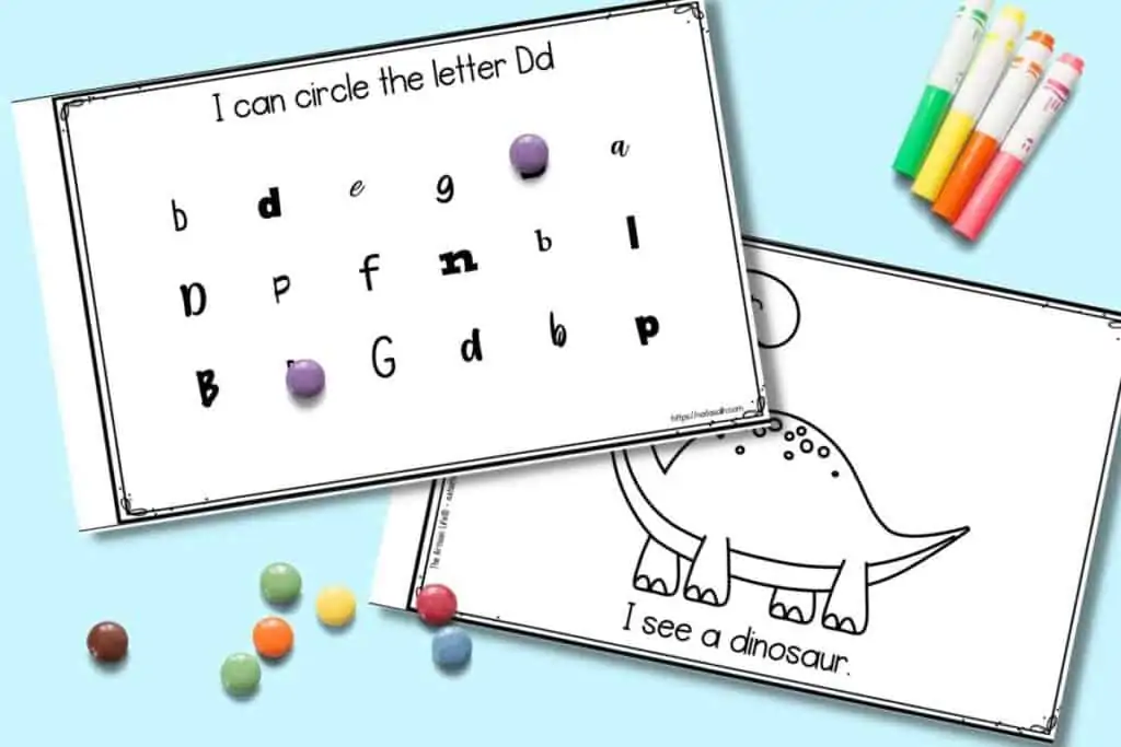 Two pages from a printable preschool book about the letter D. One page has letters in assorted fonts with round candies covering to letter d's. The other page has a dinosaur to color and the text "I see a dinosaur"
