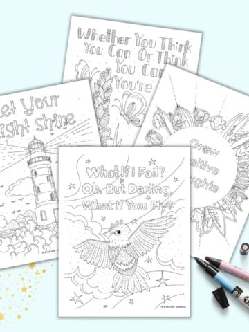 A preview of four free printable positive mindset coloring pages for adults. Each page has an image to color and a positive mindset phrase such as "let your light shine" and "grow positive thoughts"