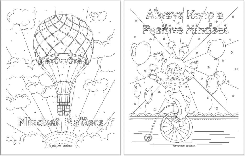 A preview of two positive mindset coloring pages. On the left is "mindset matters" and on the right is "alas keep a positive mindset"