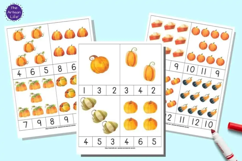 A preview of three sheets of printable count and clip cards for preschoolers.  Each sheet has four counting clip cards with pumpkin art. The individual cards have pumpkins numbers 1-12 and three answer choices to pick from below.