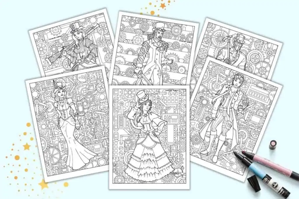 A preview of six steampunk coloring pages featuring men and women on detailed backgrounds with lots of pipes and gears.