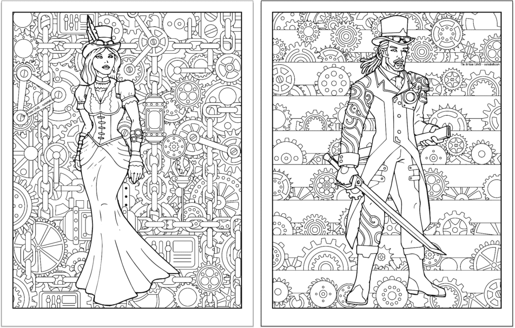A preview of two steampunk themed coloring pages. Both pages have a detailed background pattern with gears. The page on the left has a woman in a dress and the page on the right has a man with a sword.