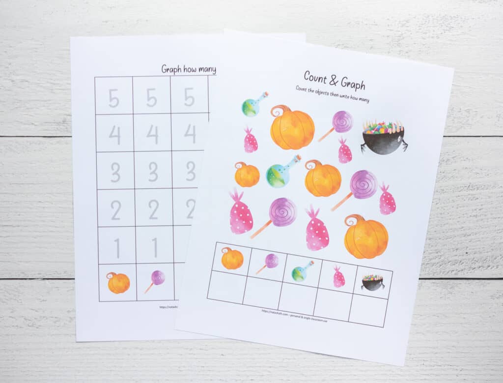A pair of Halloween count and graph pages. One sheet has Halloween clipart to count, the other page has space to graph the results with numbers 1-5.