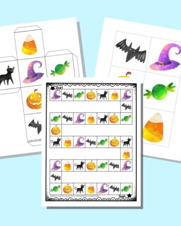 A preview of three pages of Halloween board game printable. One page has the board game, another has a printable die, and the final page has inserts for a gross motor cube