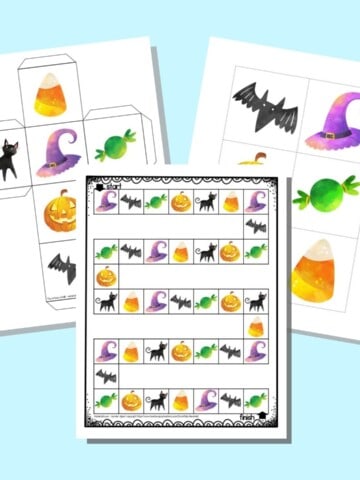 A preview of three pages of Halloween board game printable. One page has the board game, another has a printable die, and the final page has inserts for a gross motor cube