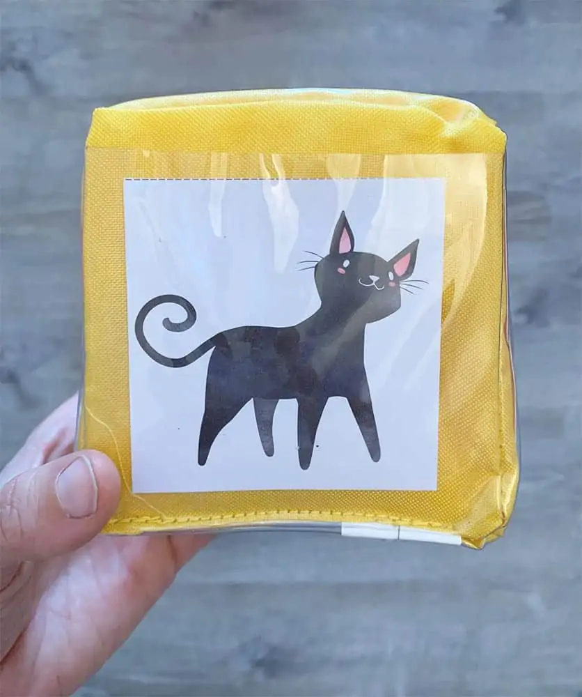 A hand holding a yellow foam gross motor cube with a clipart image of a black cat inserted into the face showing.