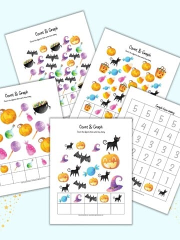 A preview of five pages of I spy count and graph printable with a Halloween theme. Four pages have clip art to count and one page has numbers to fill in to create a graph.