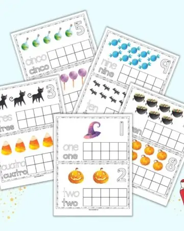 A preview of five printable ten frame pages with a Halloween theme. The pages are in a combination of Spanish and English. Each page has two cards with clip art, correct number formation graphics, and a blank ten frame.