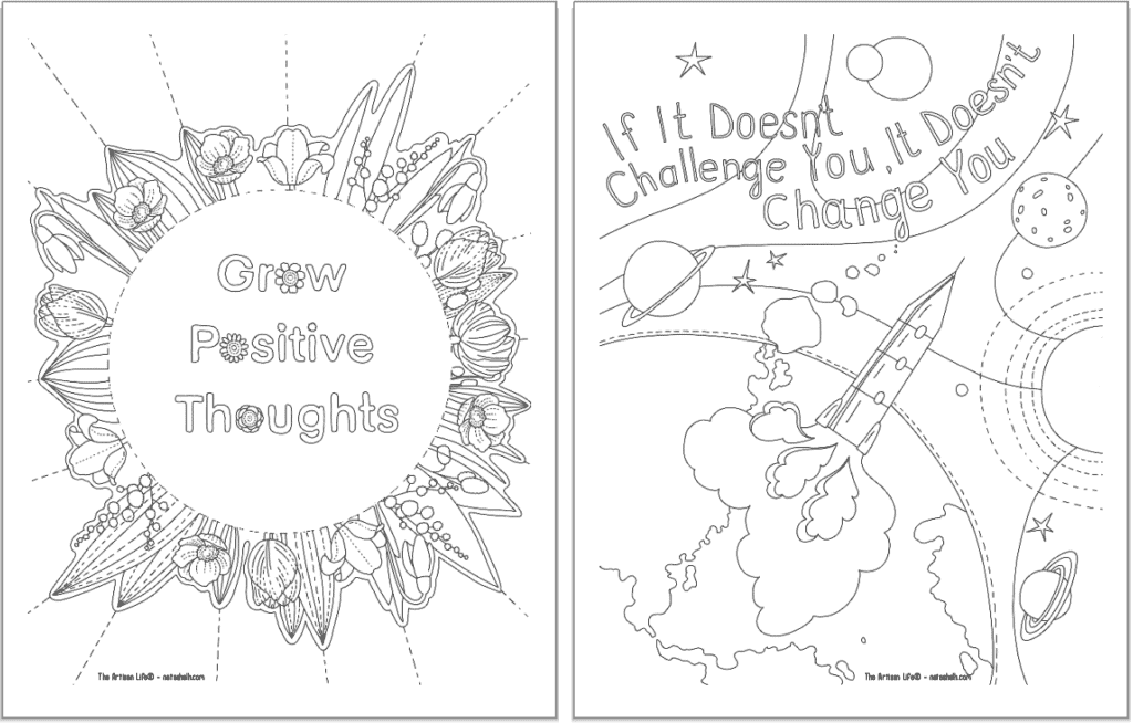 A preview of two positive mindset coloring pages. On the left is "grow positive thoughts" and on the left is "if it doesn't challenge you, it doesn't change you"