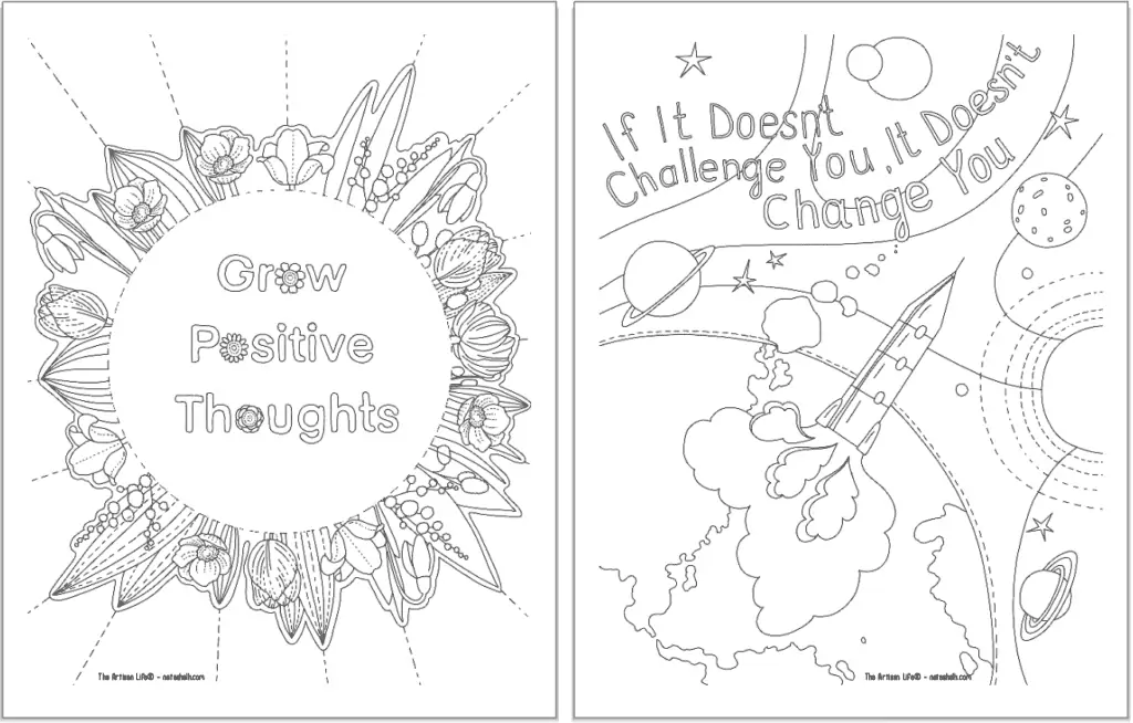A preview of two positive mindset coloring pages. On the left is "grow positive thoughts" and on the left is "if it doesn't challenge you, it doesn't change you"