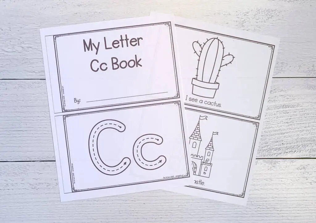 A preview of two printed sheets to make a printable letter c book for preschool and kindergarten students. Each sheet has two pages to cut apart to form the book. Pages are "My letter Cc book" letter formation graphics, "I see a cactus" with a cactus to color and "I see a castle" with a castle to color.