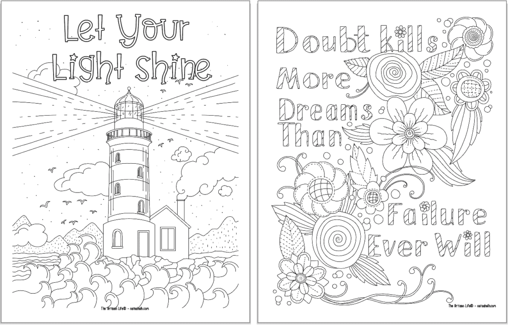 A preview of two positive mindset coloring pages. On the left is "let your light shine" and on the right is "doubt kills more dreams than failure ever will"
