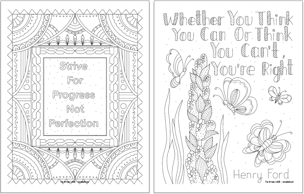 A preview of two positive mindset coloring pages. On the left is "strive for progress not perfection" and on the right is "whether you think you can or think you can't, you're right"