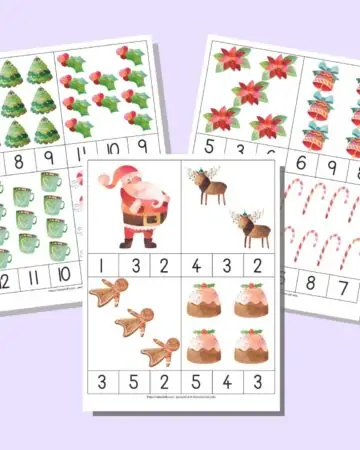 A preview of three sheets of Christmas count and clip cards with numbers 1-12. Each sheet has 4 cards to cut apart. Each card has a quantity of Christmas images 1-12 and three numbers along the bottom. One number correctly matches the quantity of pictures.