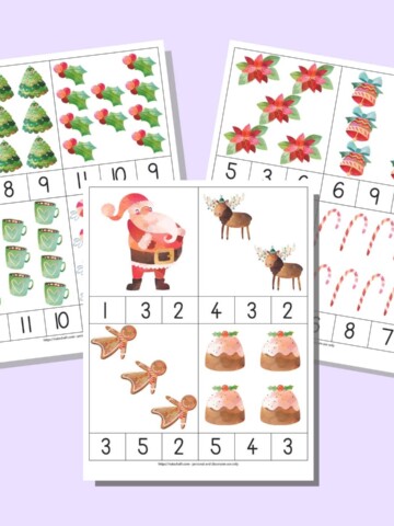A preview of three sheets of Christmas count and clip cards with numbers 1-12. Each sheet has 4 cards to cut apart. Each card has a quantity of Christmas images 1-12 and three numbers along the bottom. One number correctly matches the quantity of pictures.