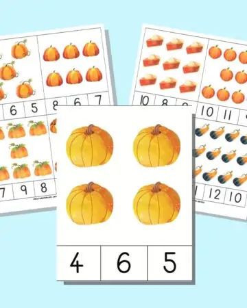 A preview of three sheets of printable count and clip cards for preschoolers. Each sheet has four counting clip cards with pumpkin art. The individual cards have pumpkins numbers 1-12 and three answer choices to pick from below. One number is correct for the number of pumpkins show.