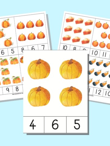 A preview of three sheets of printable count and clip cards for preschoolers. Each sheet has four counting clip cards with pumpkin art. The individual cards have pumpkins numbers 1-12 and three answer choices to pick from below. One number is correct for the number of pumpkins show.