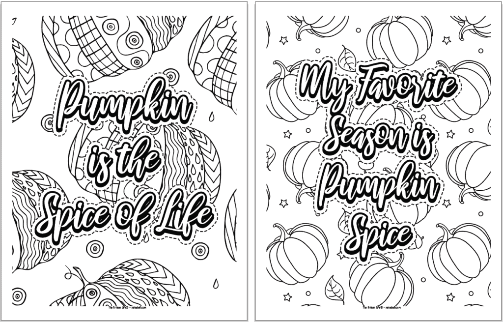 Two adult coloring pages with detailed fall backgrounds and quotations. Quotes are: "pumpkin is the spice of life" and "my favorite season is pumpkin spice"