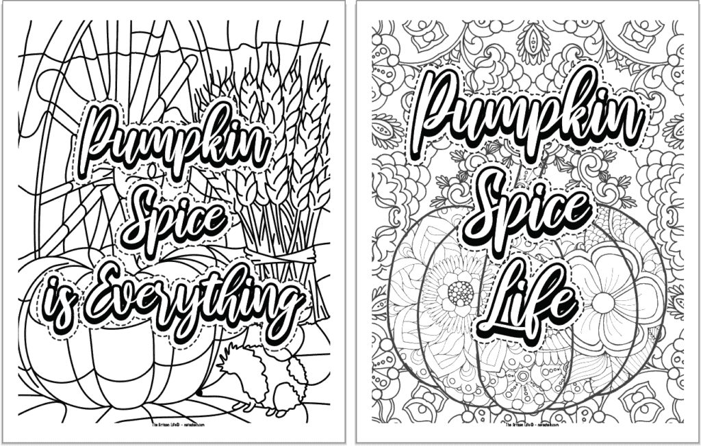 Two adult coloring pages with detailed fall backgrounds and quotations. Quotes are: "Pumpkin spice is everything" and "pumpkin spice life"