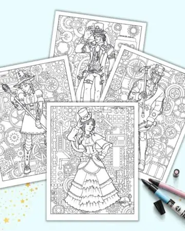 A preview of four steampunk coloring pages. Each page has a detailed background with gears and pipes. In the center of each page is a large, detailed picture of a steampunk man or woman to color.