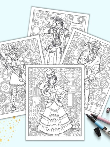 A preview of four steampunk coloring pages. Each page has a detailed background with gears and pipes. In the center of each page is a large, detailed picture of a steampunk man or woman to color.