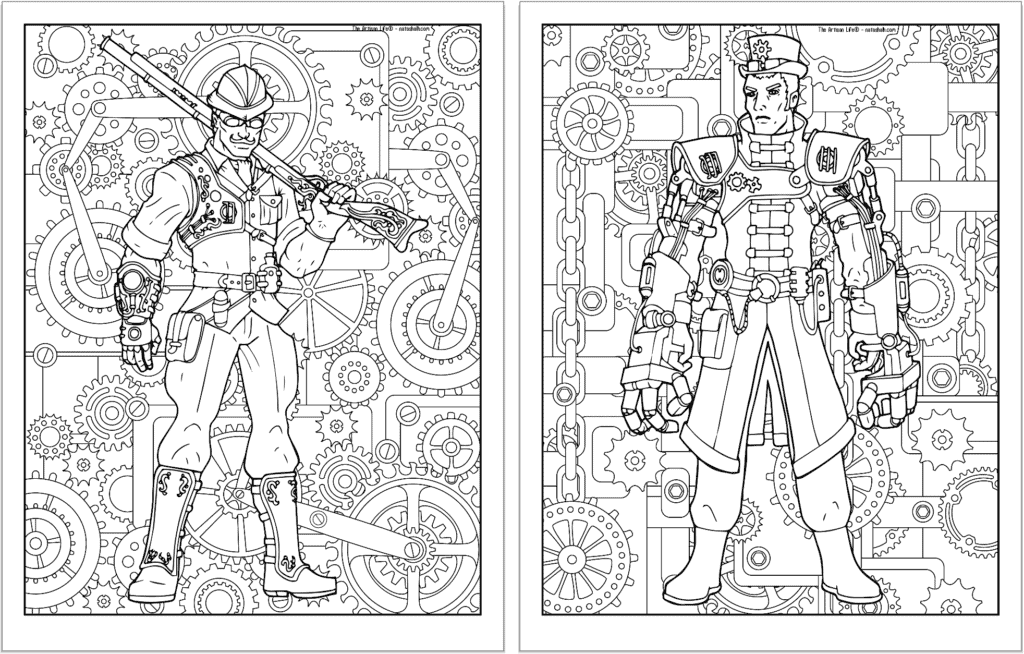 A preview of two steampunk themed coloring pages. Both pages have a detailed background pattern with gears. The page on the left is a man with goggles and leg armor. On the right is a man with large mechanical gauntlets. 