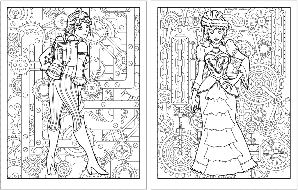 A preview of two steampunk themed coloring pages. Both pages have a detailed background pattern with gears. The page on the left is a girl wearing a jetpack and boots with striped tights. On the right is a woman with a bustle dress and large hat.