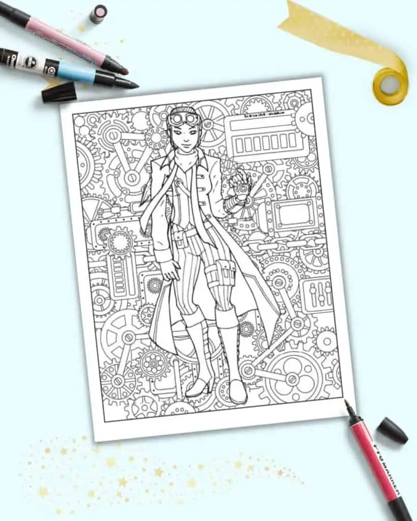 A preview of a coloring page with a steampunk girl wearing pants, boots, and a jacket. She has one gauntlet and a pair of goggles.