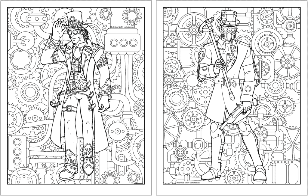 A preview of two steampunk themed coloring pages. Both pages have a detailed background pattern with gears. The page on the left is a man with a topcoat, goggles, and long duster. On the right is a man with a plague doctor mask and cain.