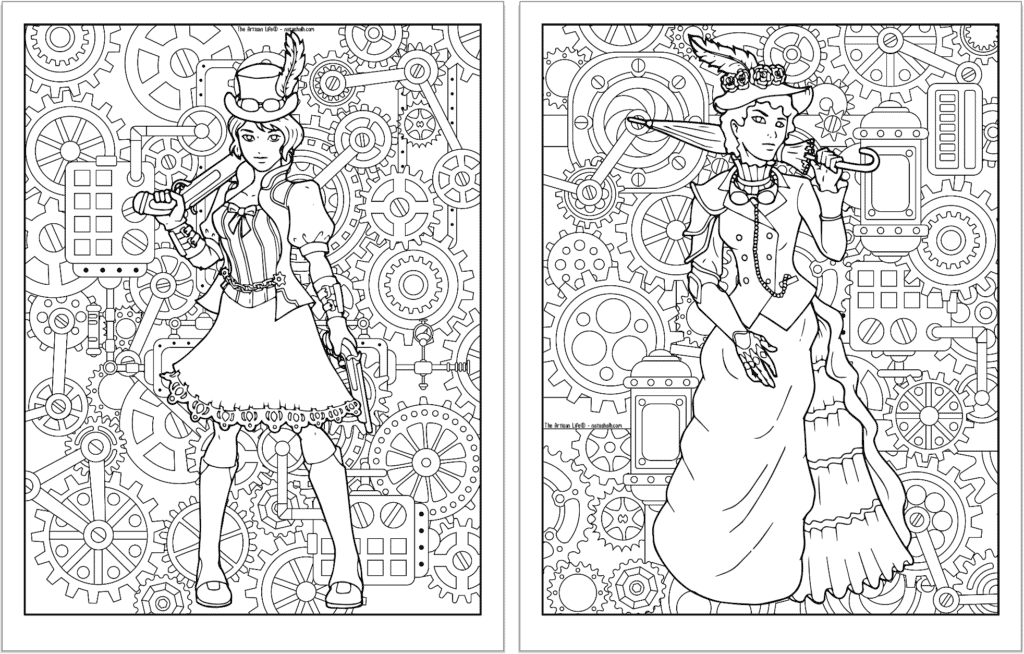 A preview of two steampunk themed coloring pages. Both pages have a detailed background pattern with gears. The page on the left has a woman with a knee length skirt and topcoat. On the right is a woman in a bustle dress with a hat and parasol. 