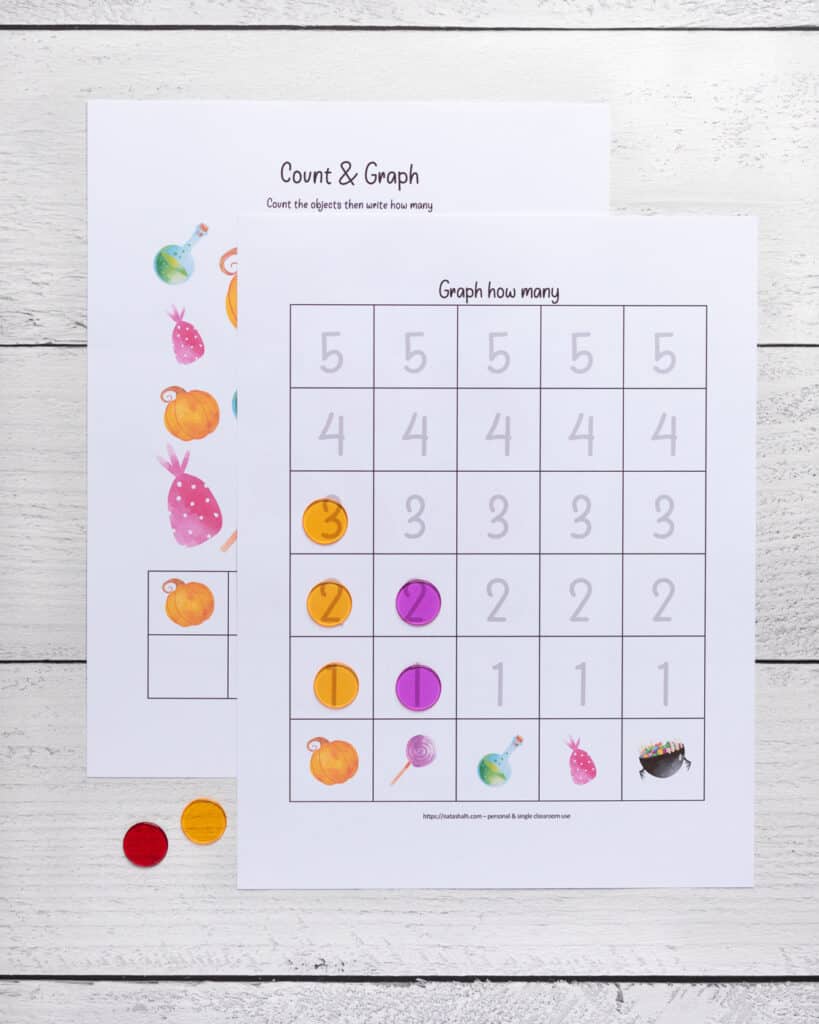 A pair of Halloween count and graph pages. One sheet has Halloween clipart to count, the other page has space to graph the results with numbers 1-5. The graphing page is on top with plastic bingo chips to mark answers.