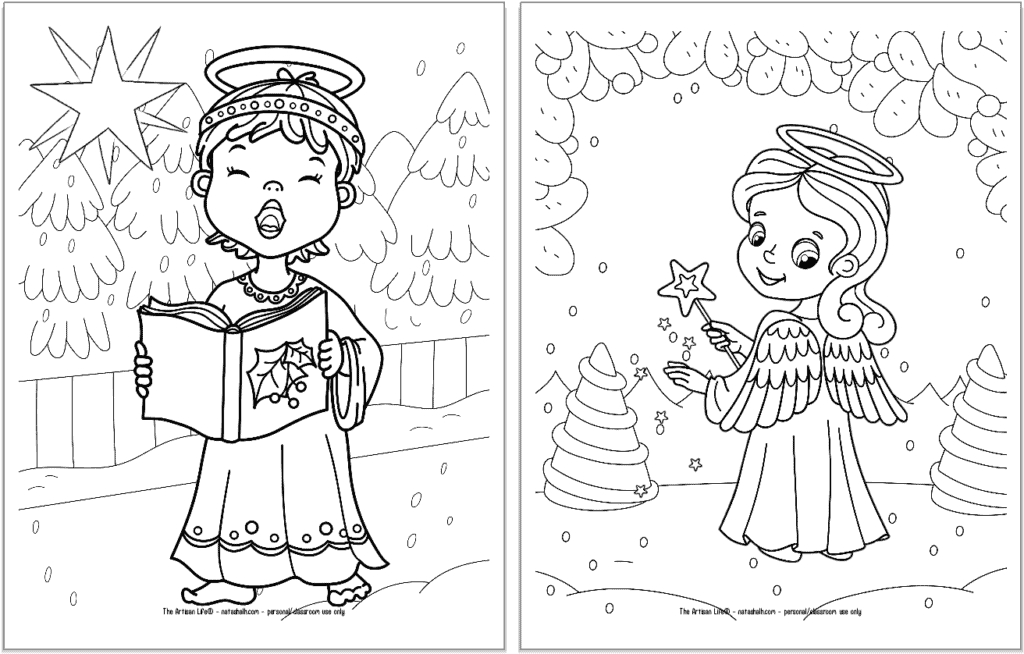 A preview of two printable Christmas angel coloring pages for kids. The angel on the left is singing and holding a songbook. The angel on the right is holding a star.