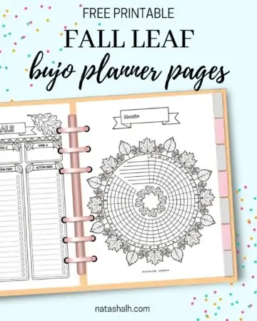 Text "free printable fall leaf bujo planner pages" above a preview of a printed leaf themed habit tracker and goals tracker in a six ring binder planner.