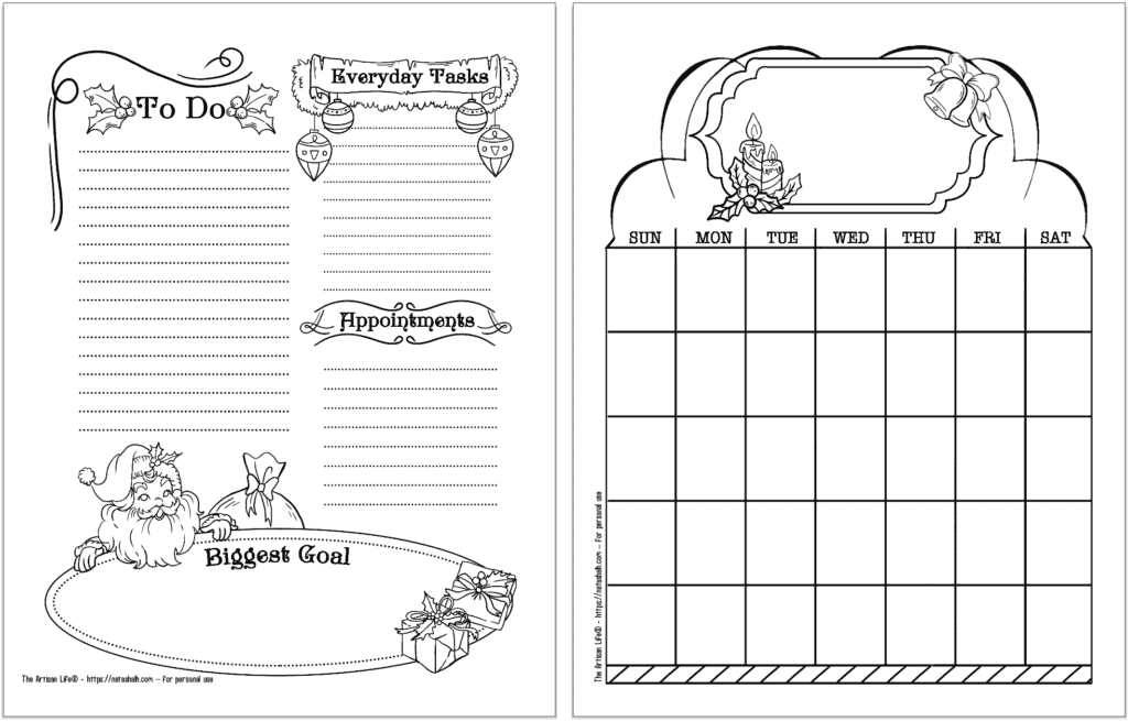 A preview of a Santa themed daily log (left) and undated monthly calendar (right)
