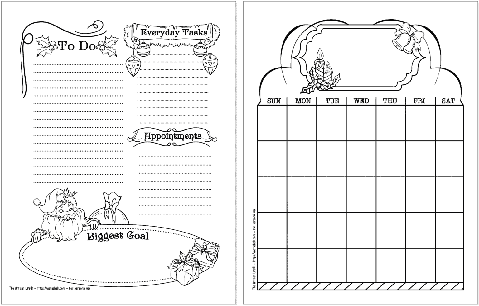 A preview of a Santa themed daily log (left) and undated monthly calendar (right)