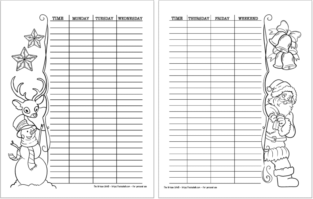 A preview of two pages of Santa themed weekly log printable with space to organize your schedule by the hour