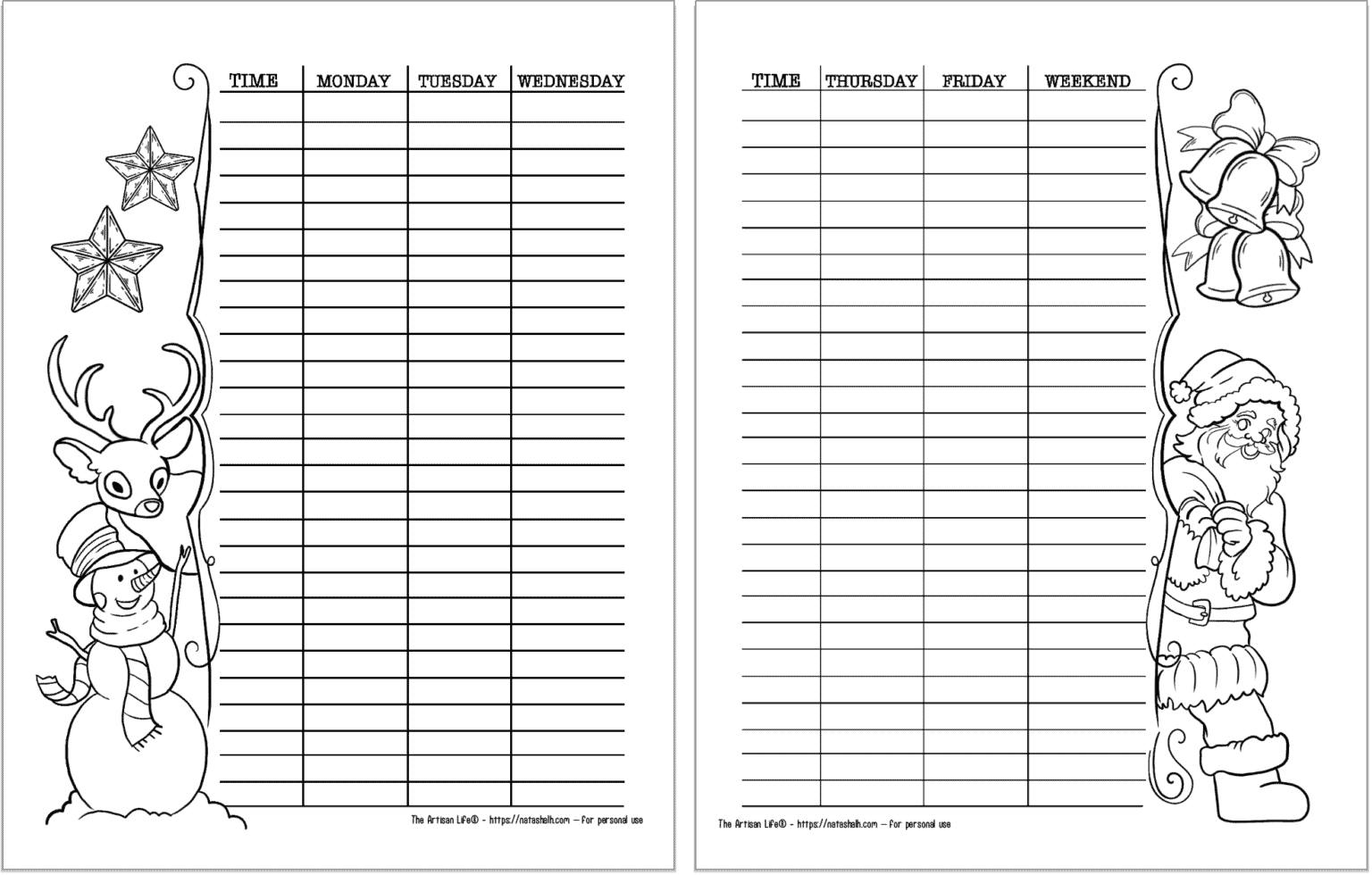 A preview of two pages of Santa themed weekly log printable with space to organize your schedule by the hour