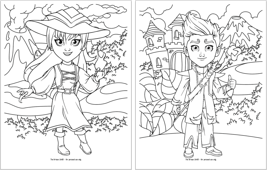 Two wizarding coloring pages for kids. On the right is a witch in front of a volcano and on the right is a wizard with a staff on his back.
