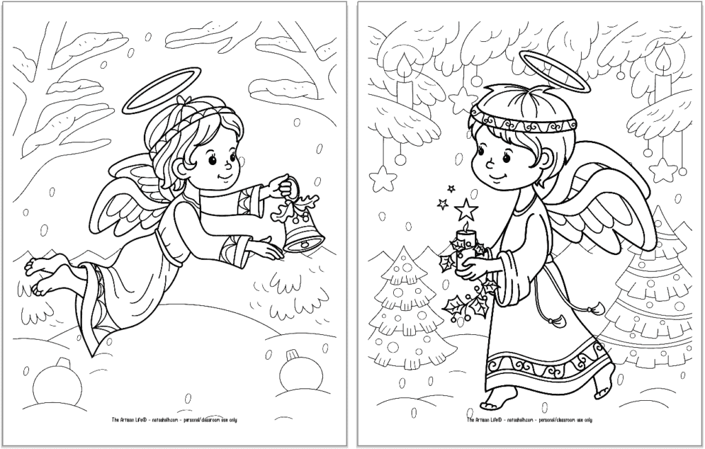 A preview of two printable Christmas angel coloring pages for kids. The angel on the left is flying and carrying a bell. The angel on the right is walking with a candle.