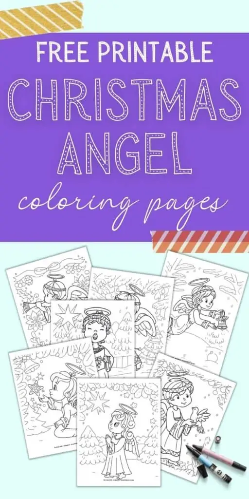 Text "free printable Christmas angel coloring pages" above a preview of seven printable coloring pages. Each page has a cute Christmas angel on a winter or Christmas background.
