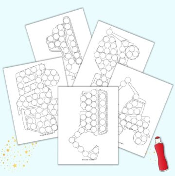 A preview of five printable dot marker coloring pages. Each page has the outline of a construction vehicle filled with blank circles to fill with a dauber style marker.