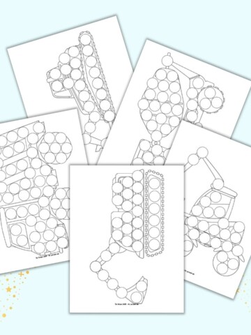 A preview of five printable dot marker coloring pages. Each page has the outline of a construction vehicle filled with blank circles to fill with a dauber style marker.