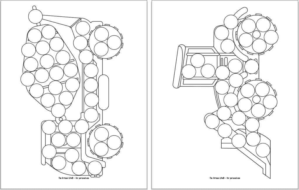 Two dab it dauber marker printables. Each page has a large construction vehicle clipart image covered with blank circles to dot it in with a marker. Vehicles include a cement mixer and a tractor with a bucket on the front.